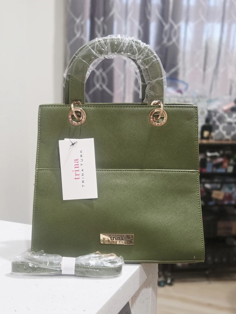 Trina Turk Green Structured Top-Handle Tote Bag